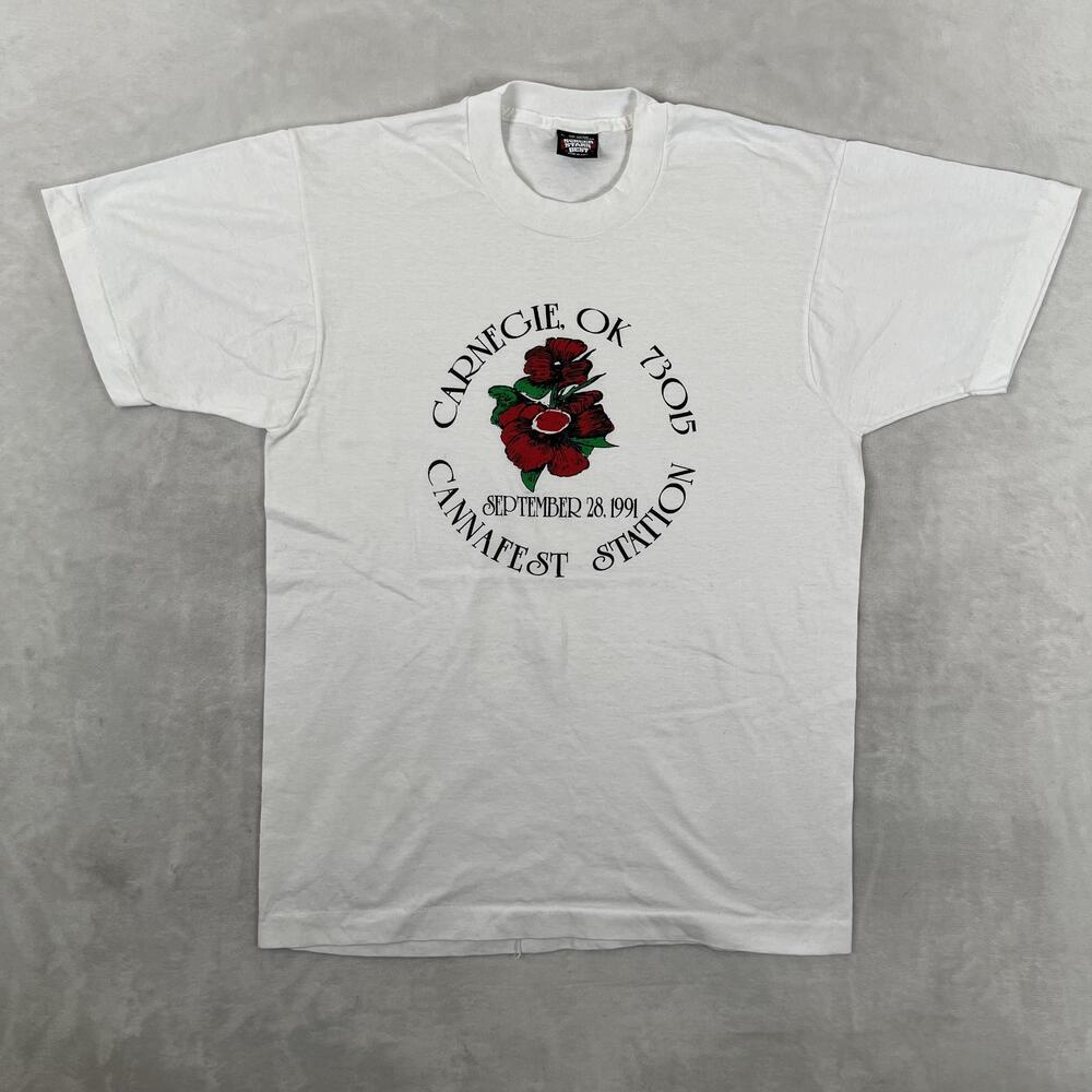 Vintage Carnegie Oklahoma Cannafest T-Shirt Mens L White 1991 Screen Stars Best